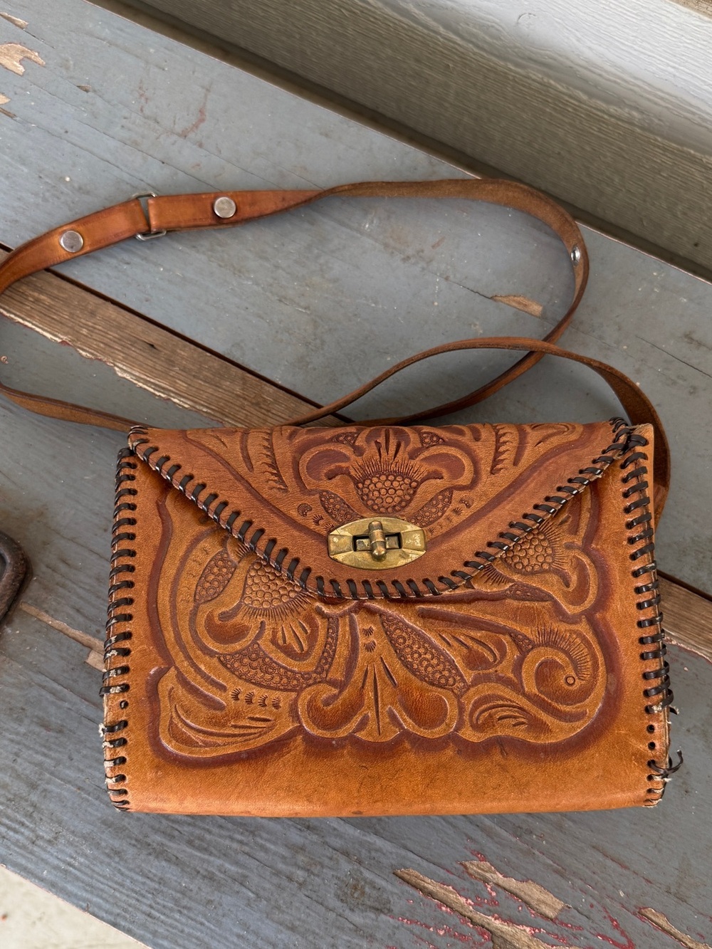 Vintage Hand-Tooled Leather Crossbody Bag - Brown